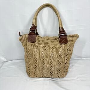 The Sak Tan Crochet Woven Tote Bag Boho Beach Shoulder Purse EUC